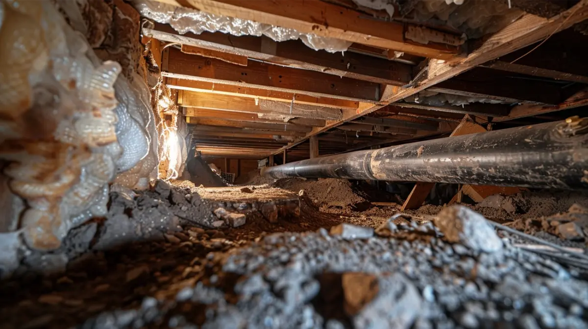 Water damaged floor joists and debris inside a home crawl space
