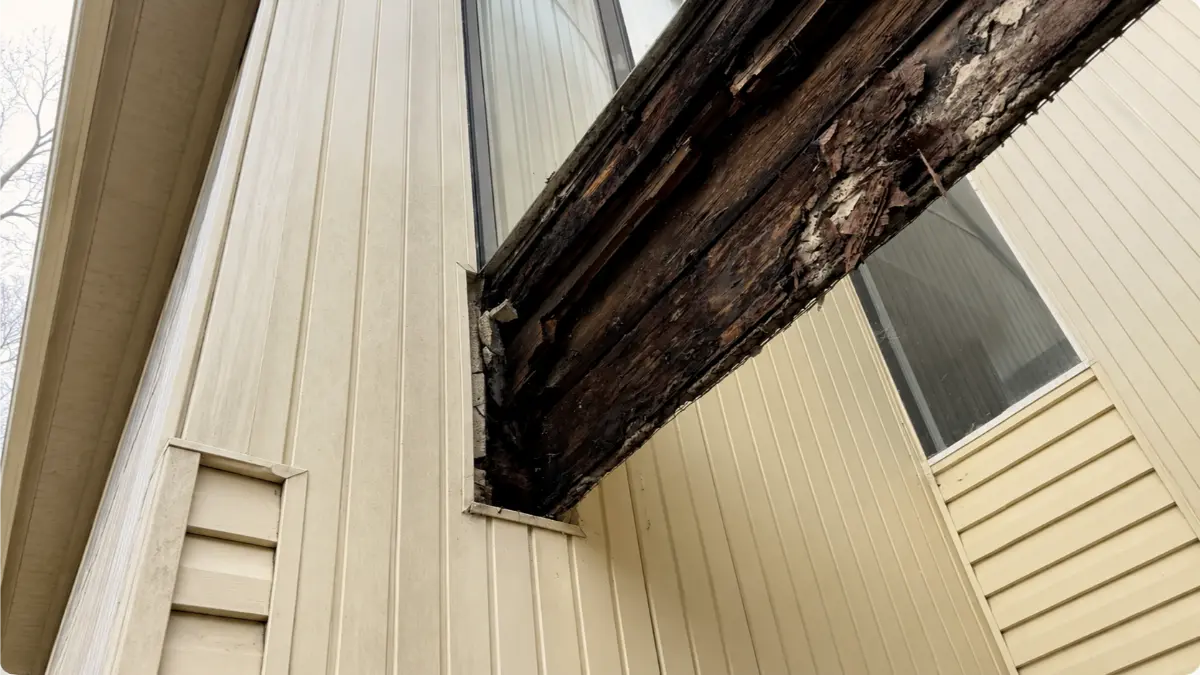 Severely rotted wood beam exposed at the roofline after siding removal